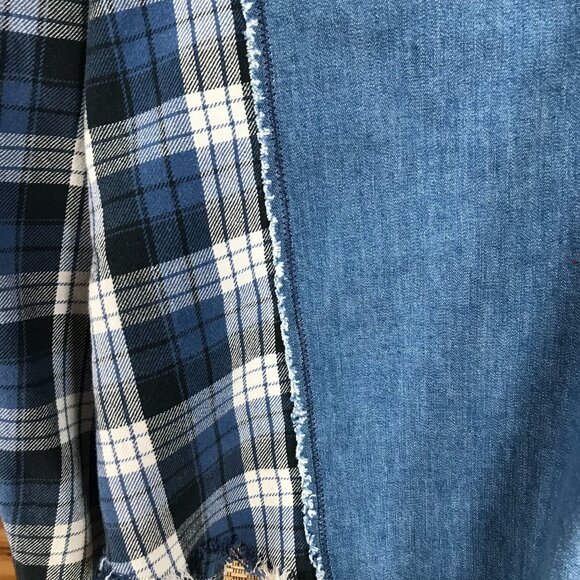 Upcycled Denim Plaid Flannel Jean Jacket, Plus Size XL-2X: Boho Patchwork Shirt - Picture 6 of 10